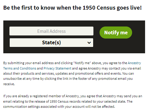 A screenshot of the form that lets you register for an alert when your state's census records are live.