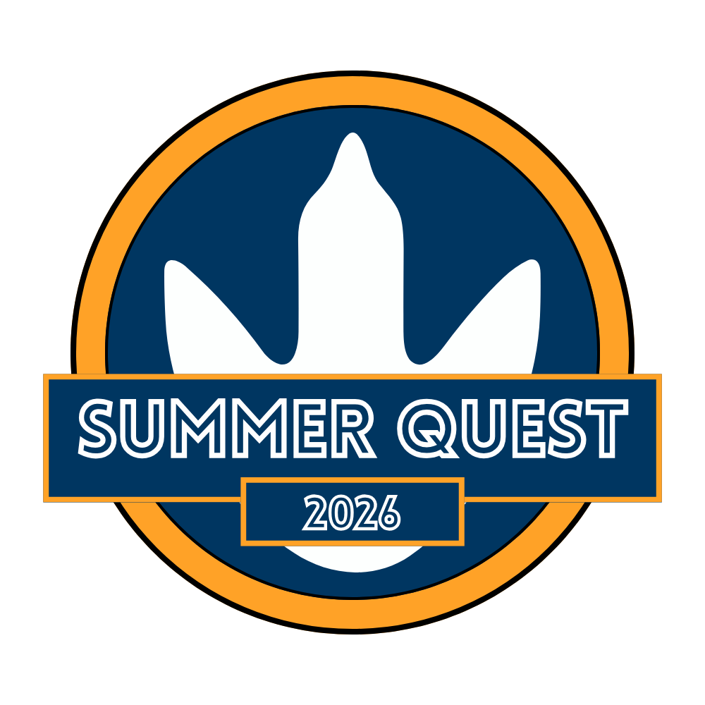 Summer Quest 2026 logo with dinosaur footprint in background