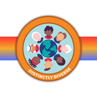 Distinctly diverse badge with people around a world 